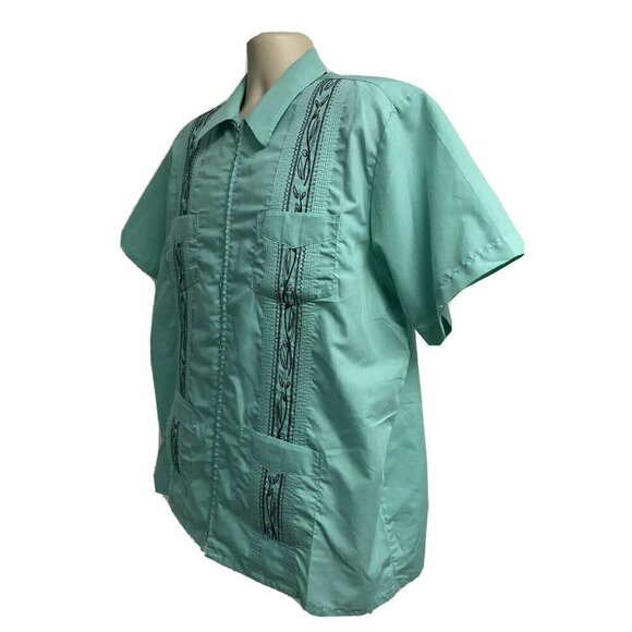 Haband Guayabera Blue Green Zip Front Shirt 2XL Cuban Cigar Sopranos Pockets - Picture 3 of 5
